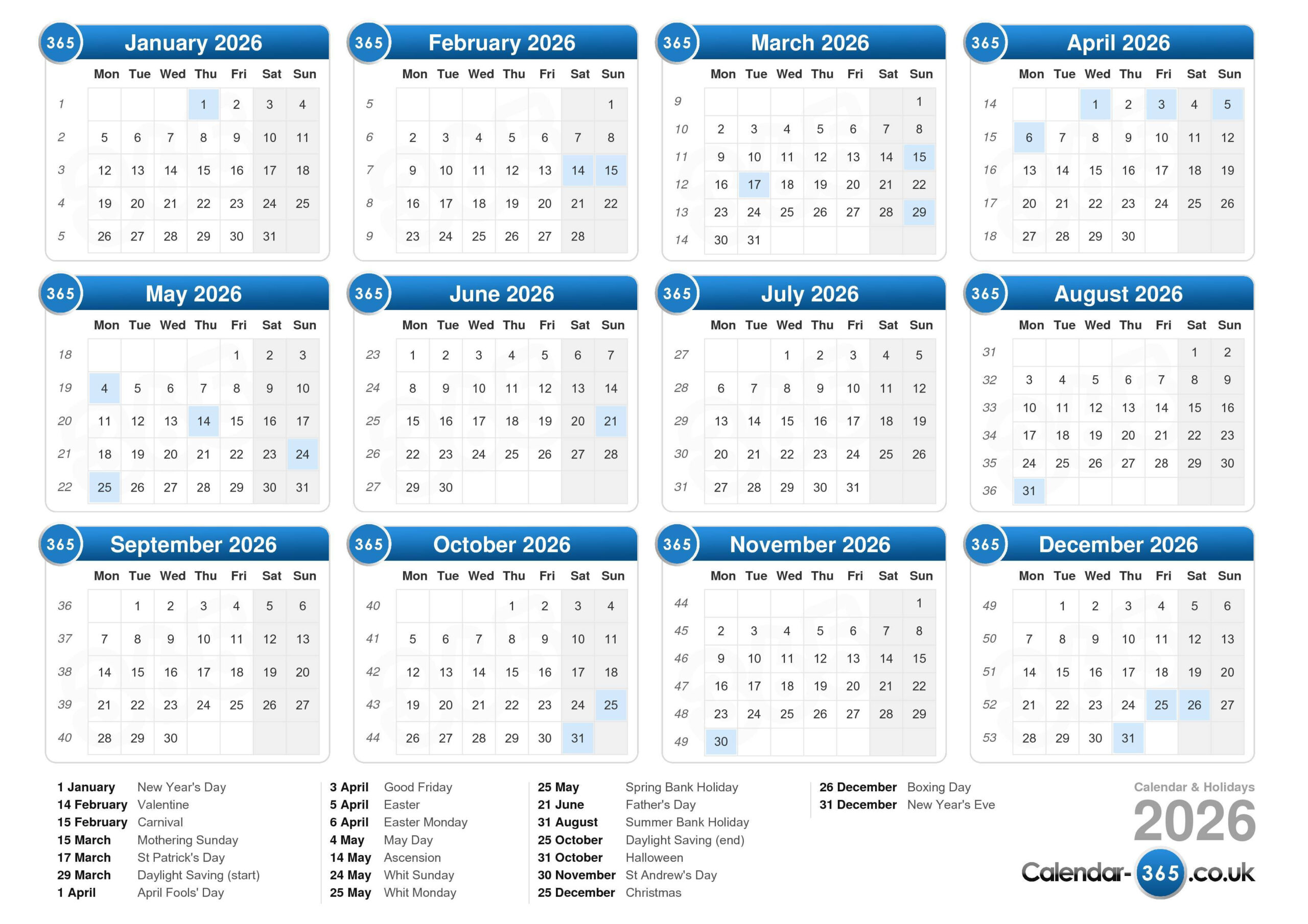 Calendar 2026 in 2026 Calendar Printable 365
