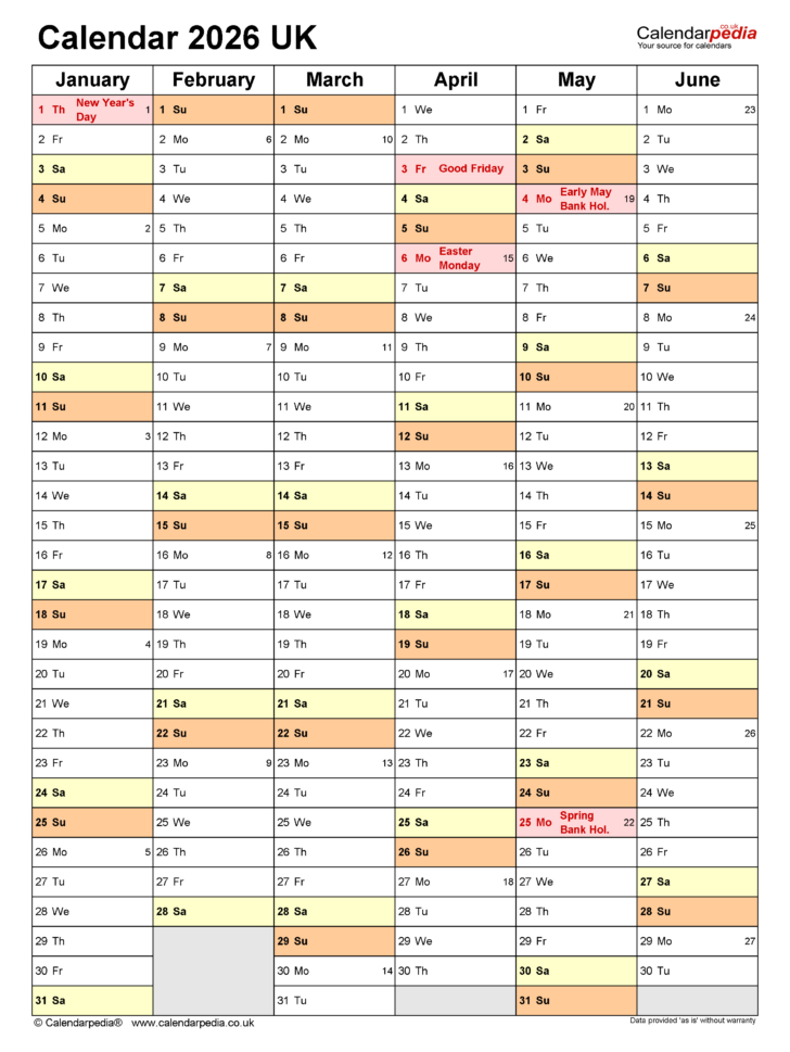 2026 Calendar Printable Free UK