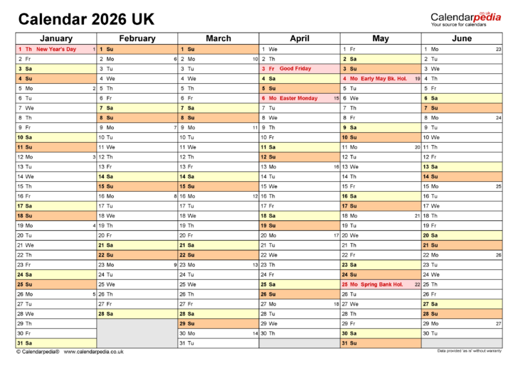 Calendar 2026 UK Printable Free