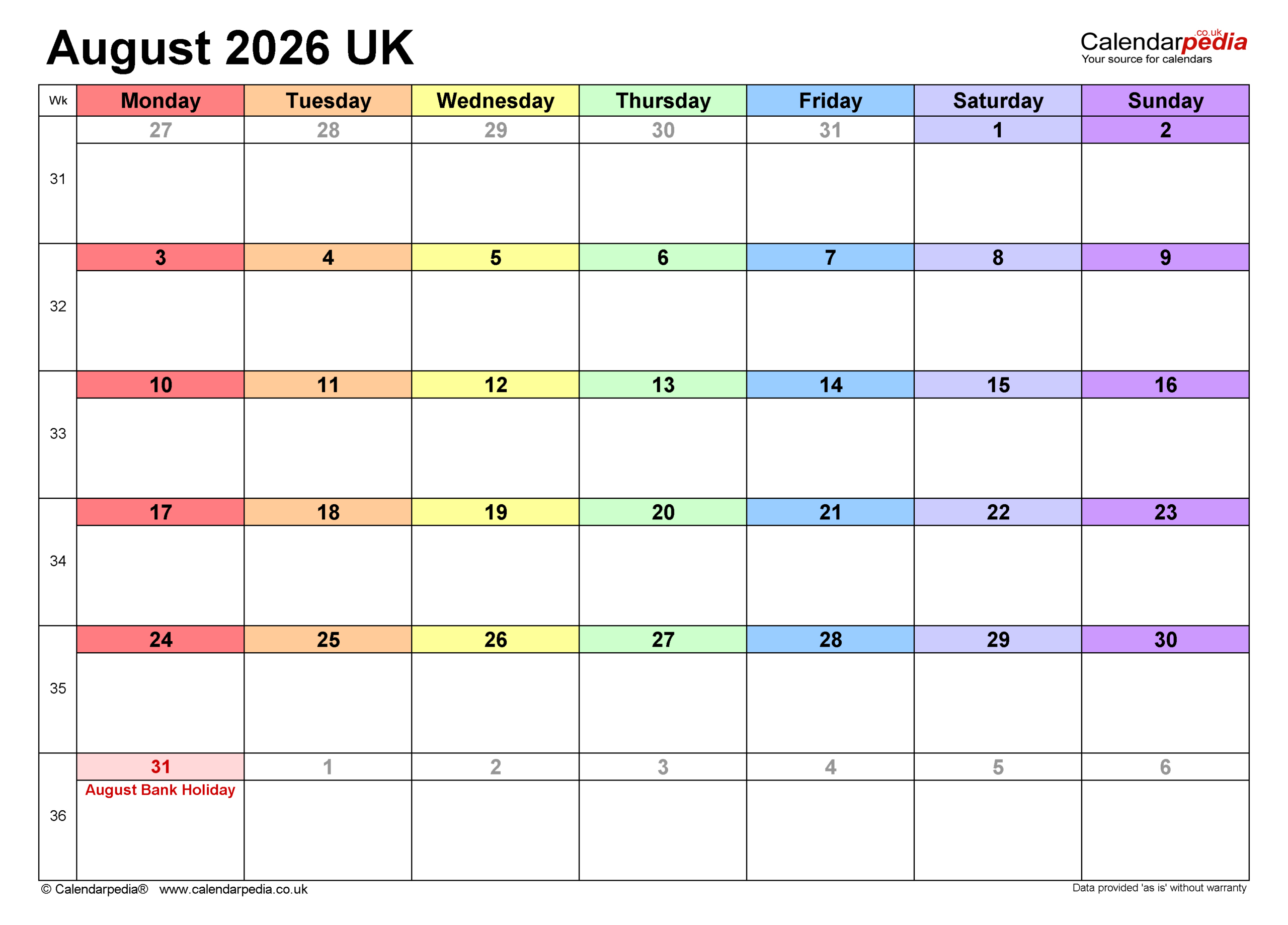 Calendar August 2026 Uk With Pdf, Excel And Word Templates intended for Attendance Sheet August 2026