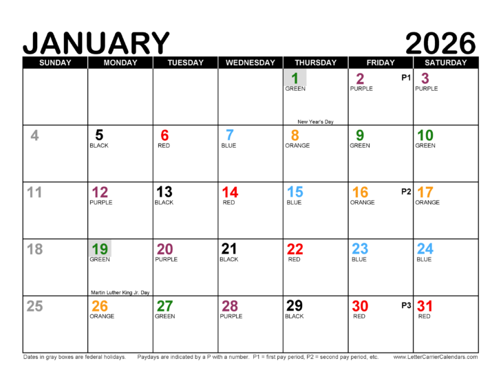 USPS Color Coded Calendar 2026 Printable USPS Color Coded Calendar 2026 Printable
