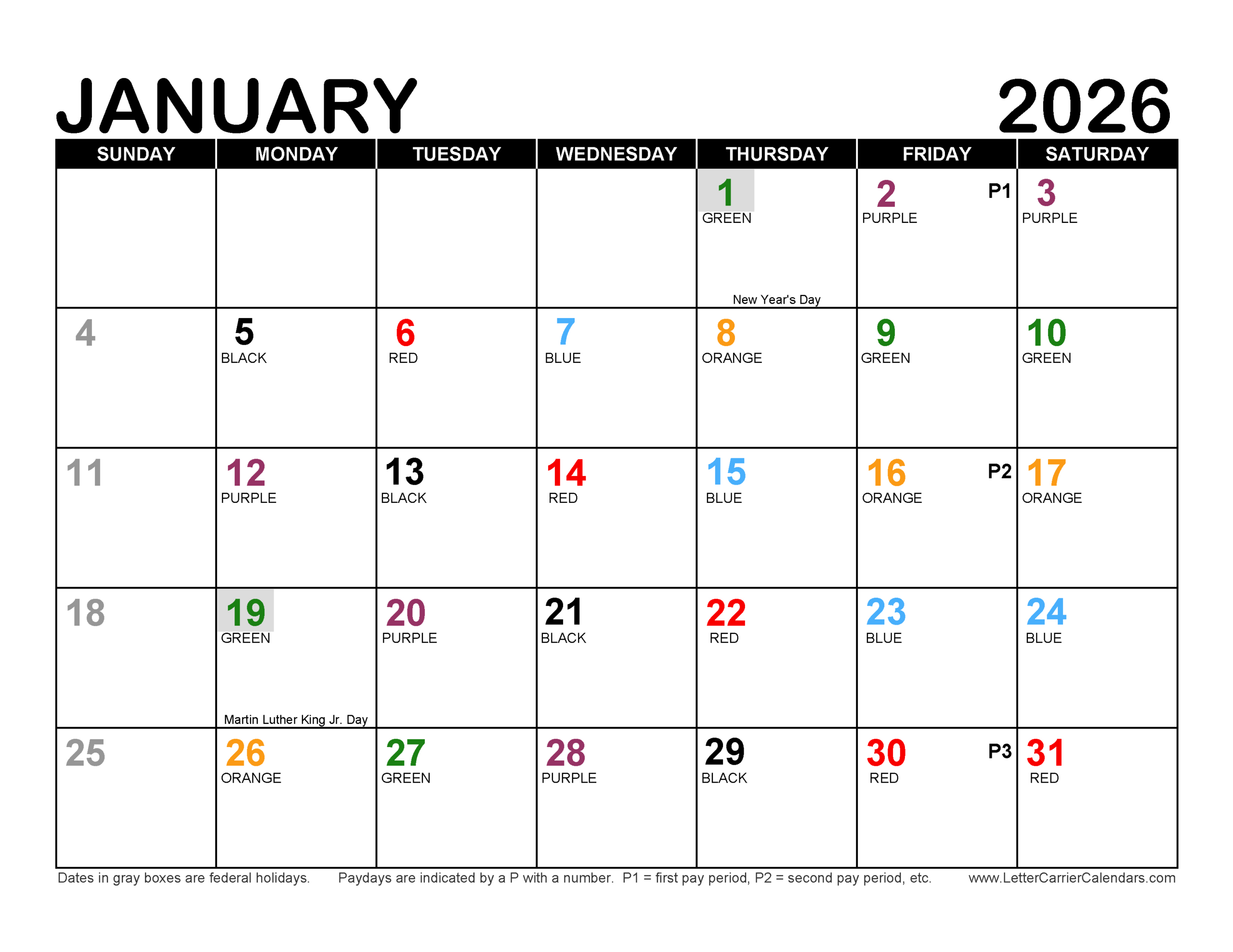 Calendars in Usps Color Coded Calendar 2026 Printable
