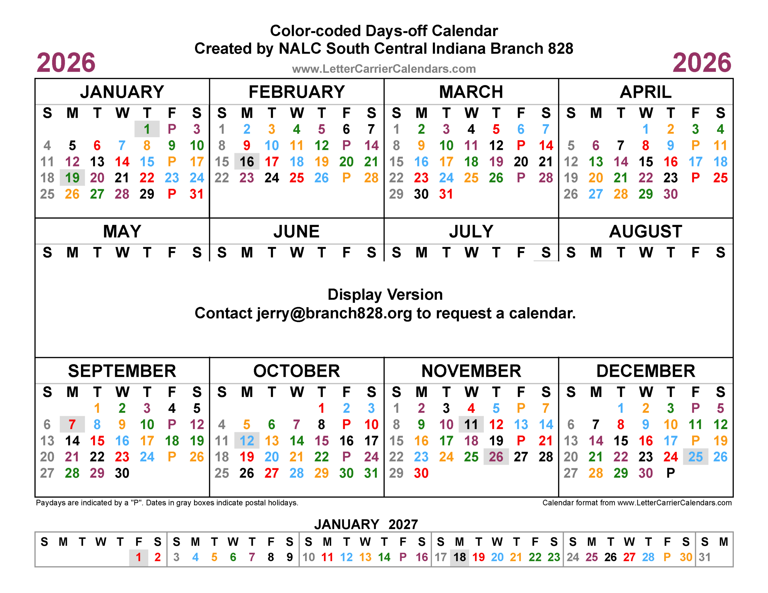 Calendars intended for USPS Color Coded Calendar 2026 Printable