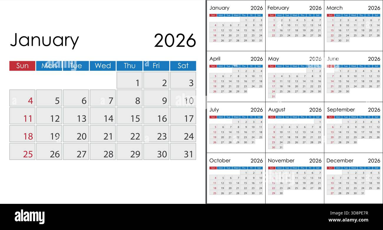 Clean Minimalist 2026 Yearly Calendar Grid Layout, On English with Calendar 2026 Printable Free Uae