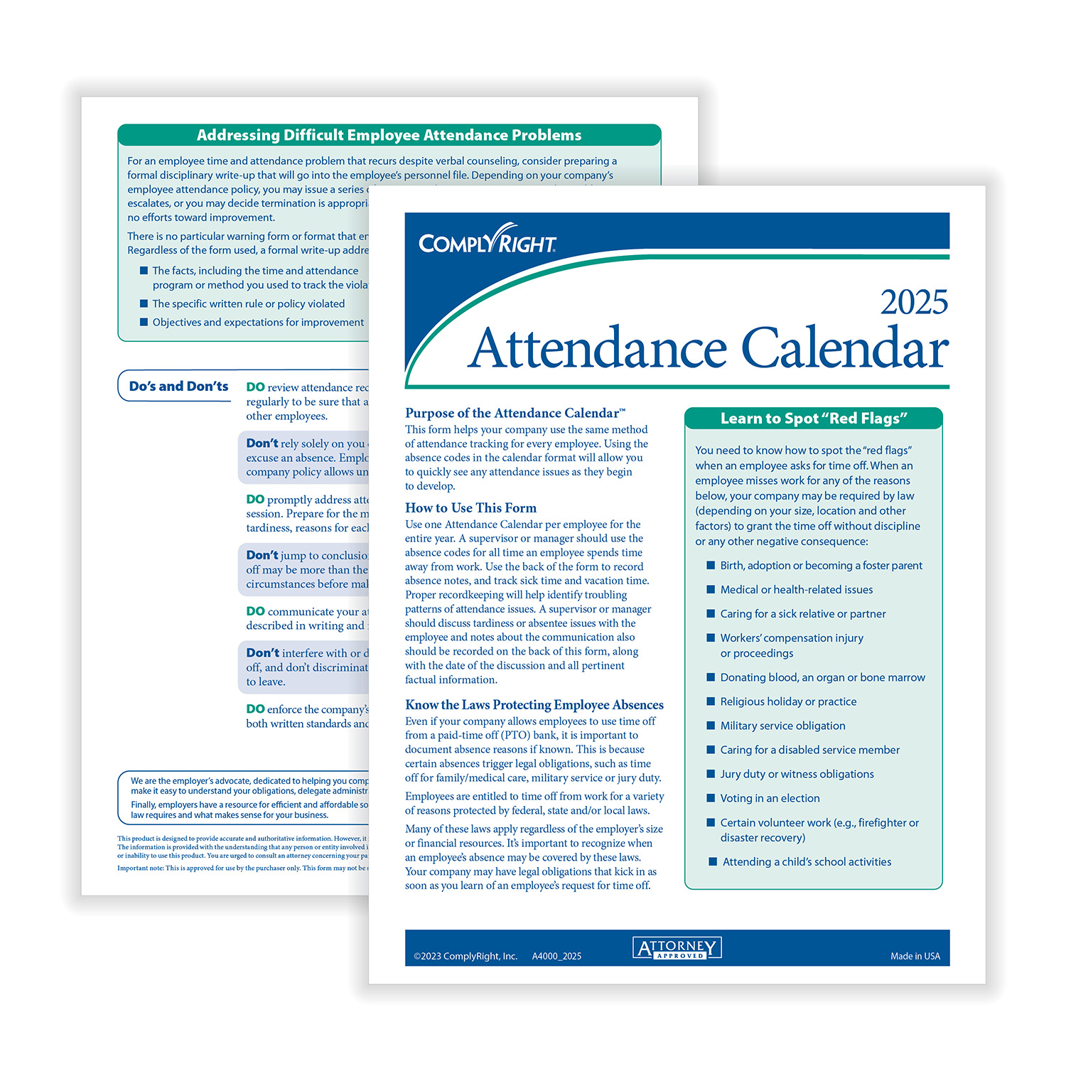 Complyright 2026 Attendance Calendar Set, 50 Forms/Pack (A1411W16Pk50 in Complyright Attendance Calendar 2026