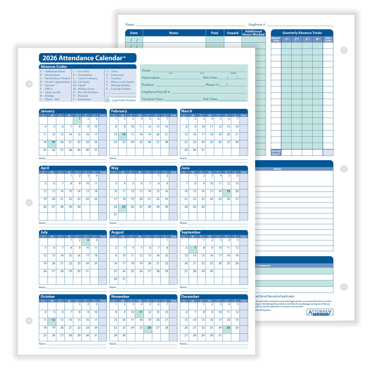 Complyrightdealer | 2026 Attendance Calendar Card, Pack Of 50 with 2026 Attendance Calendar Cards
