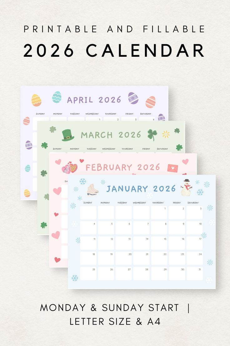 Cute 2026 Calendar Printable, Monthly Calendar 2026, 2026 Planner in 2026 Calendar Printable Aesthetic