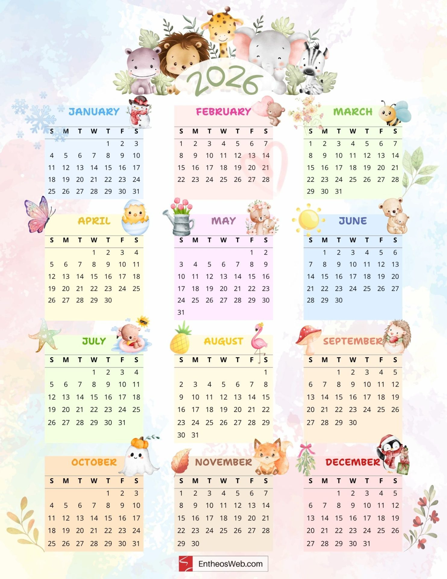 Cute 2026 Free Printable Calendar | Entheosweb with 2026 Calendar Printable Cute