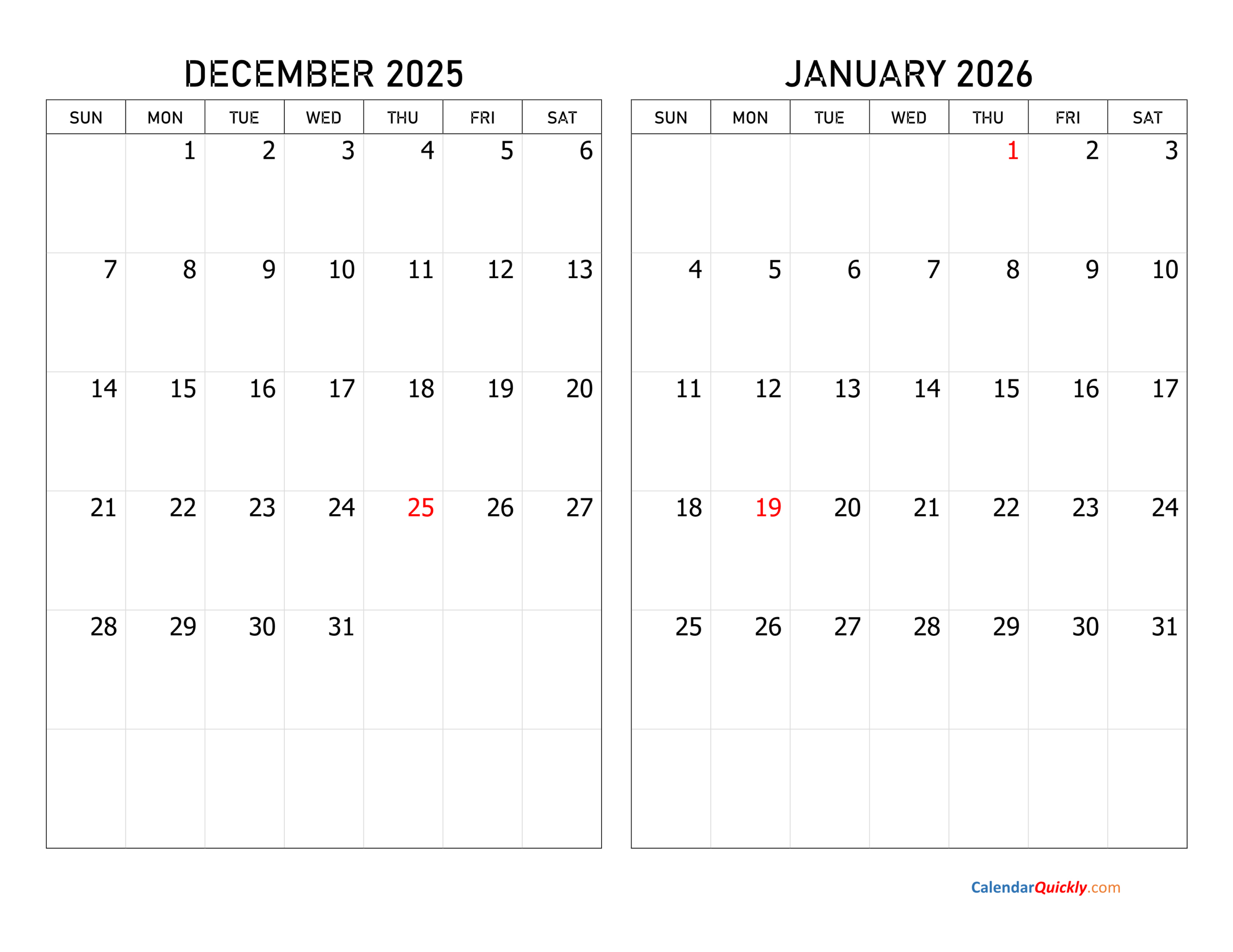 December 2025 And January 2026 Calendar | Calendar Quickly within Printable Calendar December 2025 And January 2026