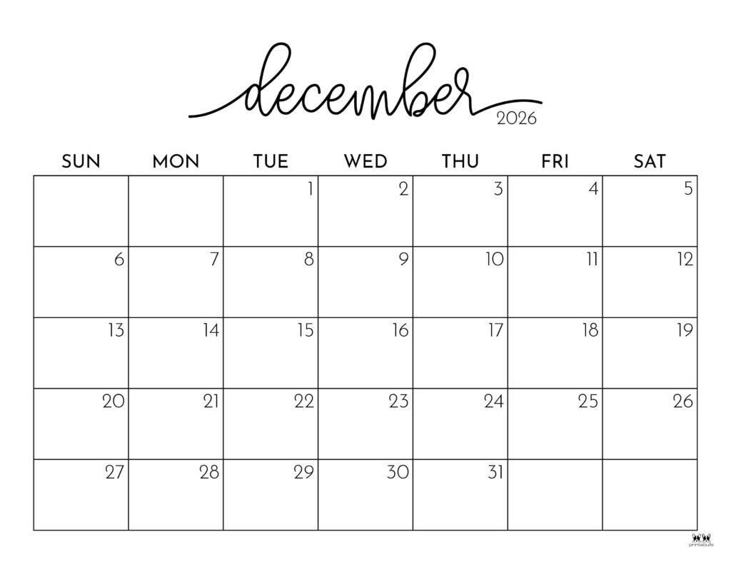 December 2026 Calendars - 123 Free Printables | Printabulls for December 2026 Calendar Printable Free