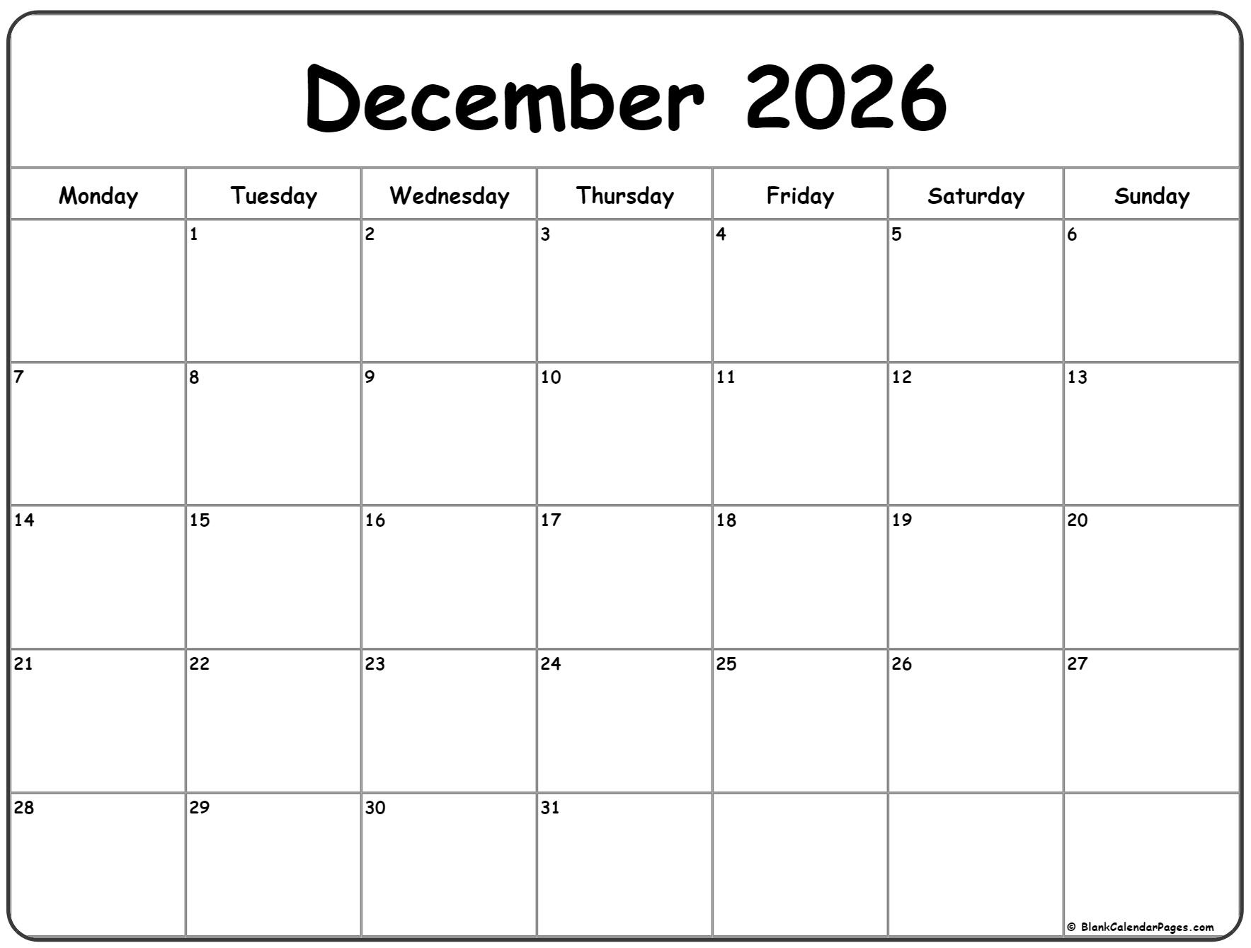 December 2026 Monday Calendar | Monday To Sunday for December 2026 Calendar Printable