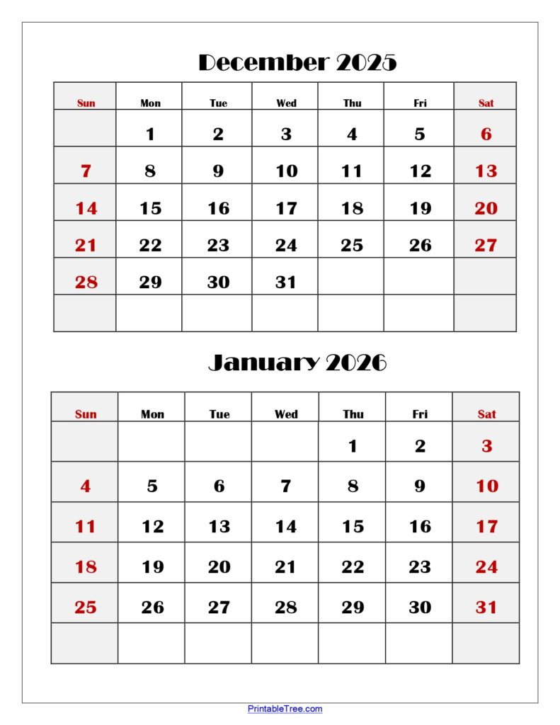 December And January 2026 Calendar Printable Pdf | Two Months Calendar pertaining to Printable Calendar December 2025 January 2026