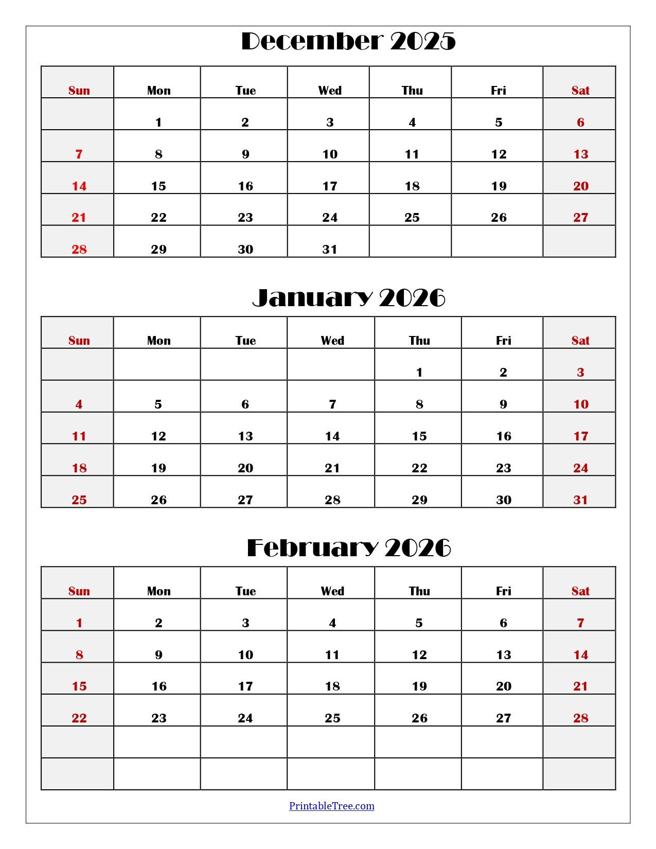 December To February 2026 Calendar Printable Pdf | Three Months with regard to December 2025 - January 2026 February Calendar Printable