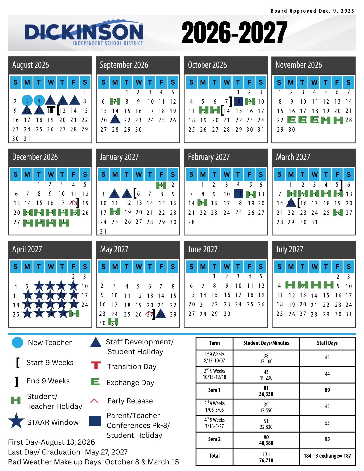 Dickinson Independent School District for Disd 2025 to 2026 Calendar Printable