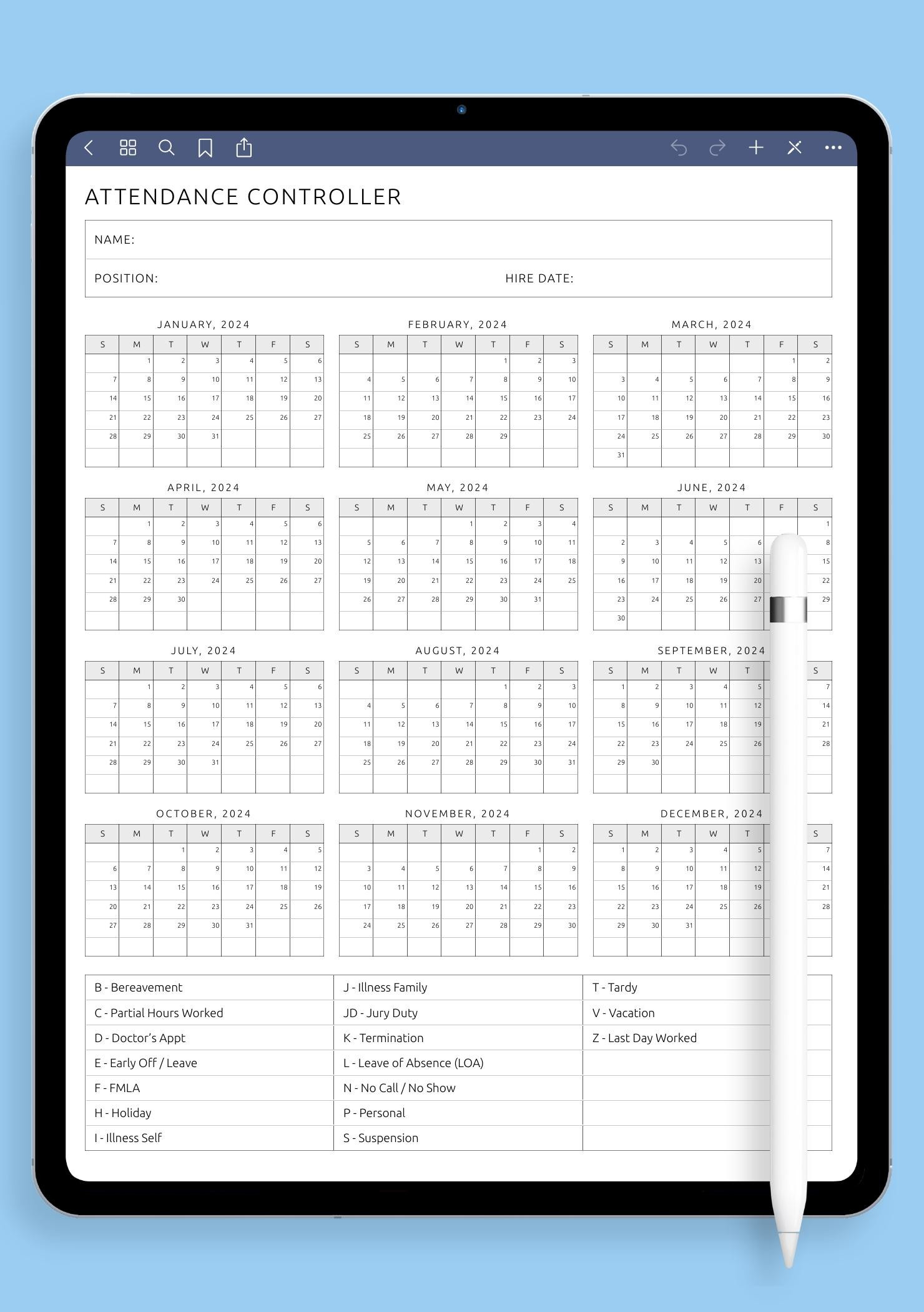 Download Printable Attendance Controller Template Pdf throughout Free Printable 2026 Employee Attendance Calendar Free Download
