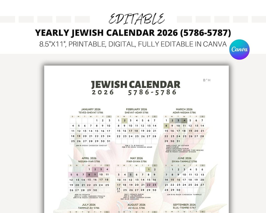 Editable Yearly Jewish Calendar 2026, Jewish Holidays, Canva regarding Hebrew Calendar 2026 Printable
