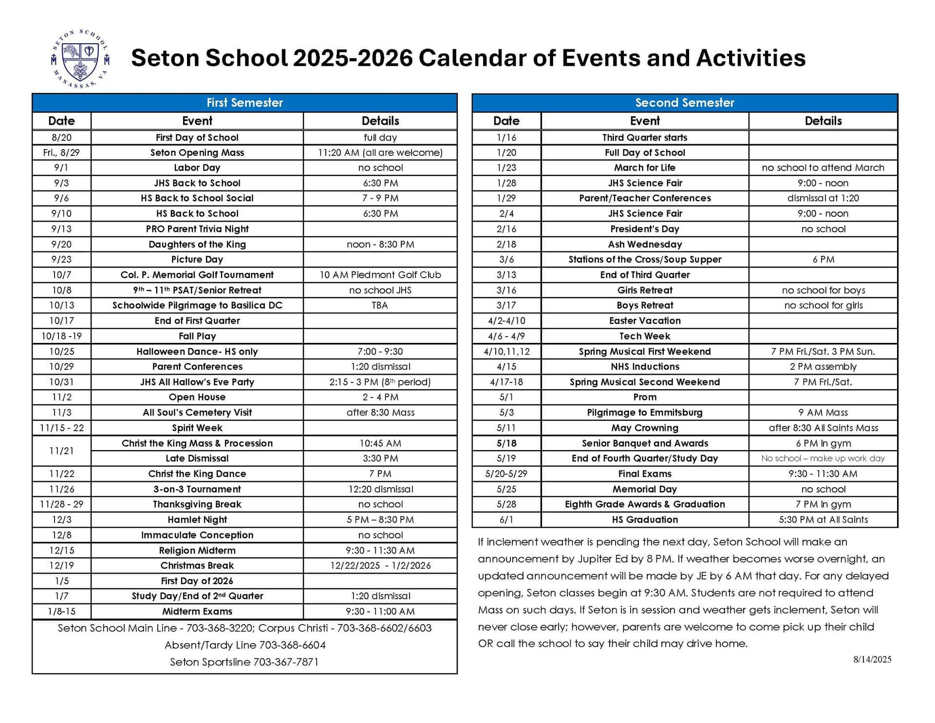 Events Calendar | Seton School Manassas with regard to Seton Catholic College Calendar 2026