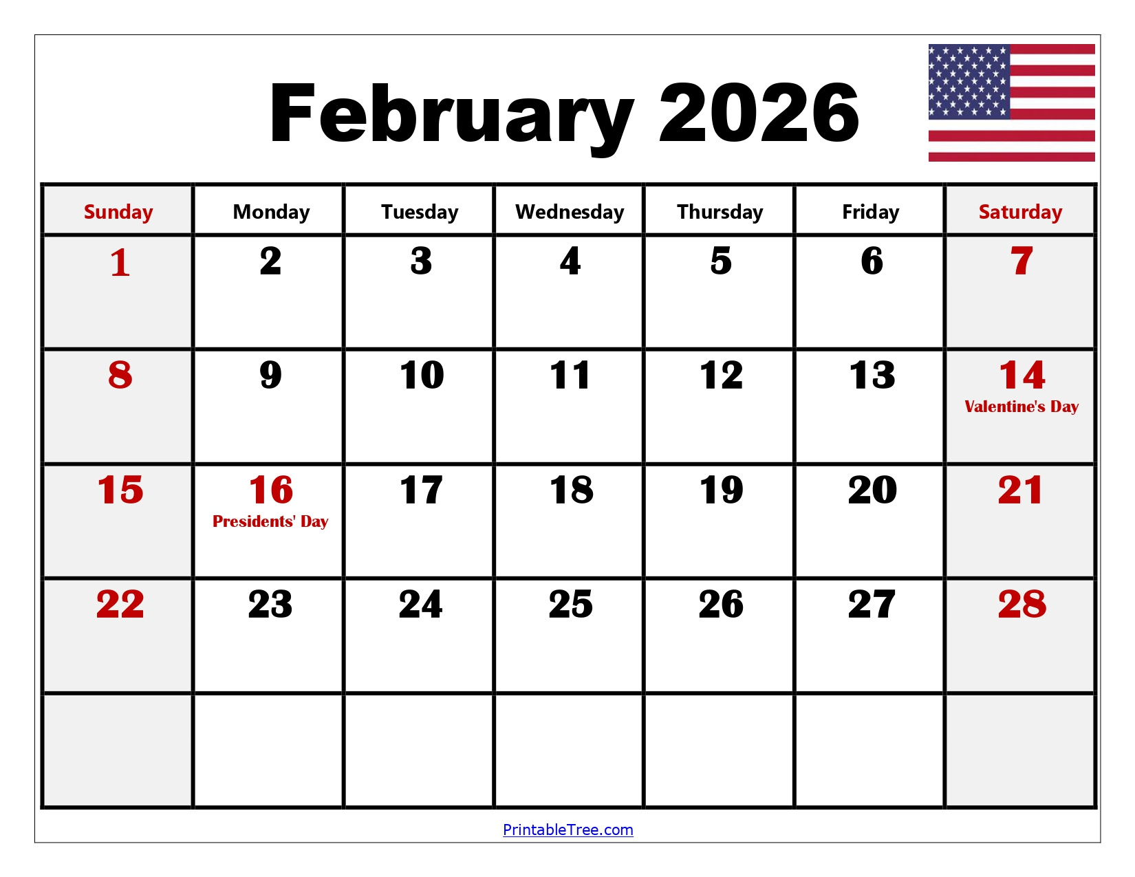 February 2026 Calendar Printable Pdf With Holidays Templates inside February 2026 Calendar Printable With Holidays