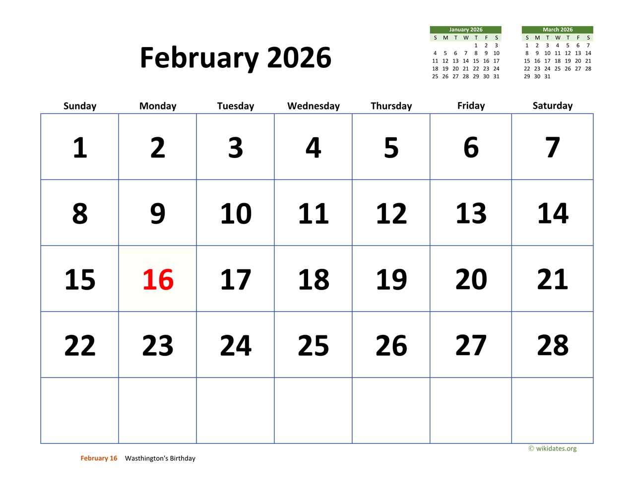 February 2026 Calendar With Extra-Large Dates | Wikidates with February 2026 Calendar Printable Wiki