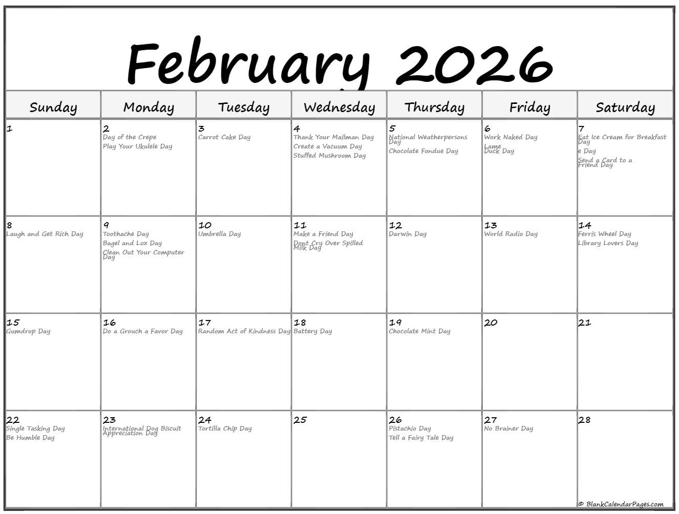 February 2026 With Holidays Calendar in National Day Calendar February 2026