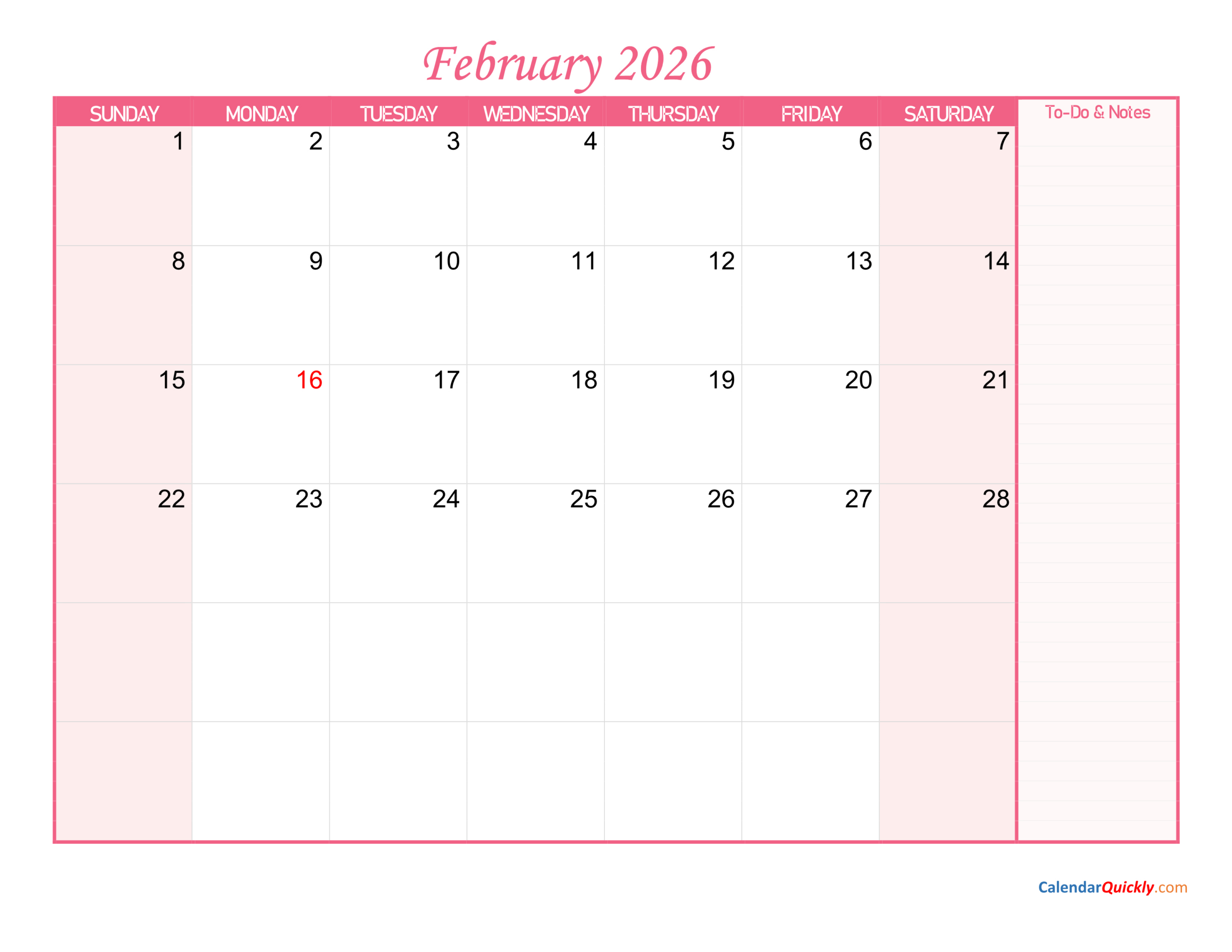 February Calendar 2026 With Notes | Calendar Quickly throughout 2026 Calendar Printable Notes