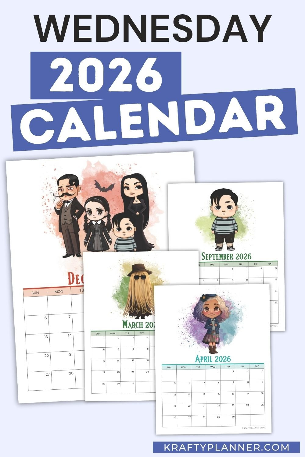 Free 2026 Wednesday Addams Calendar — Krafty Planner with regard to How Many Wednesdays Are There In 2026?