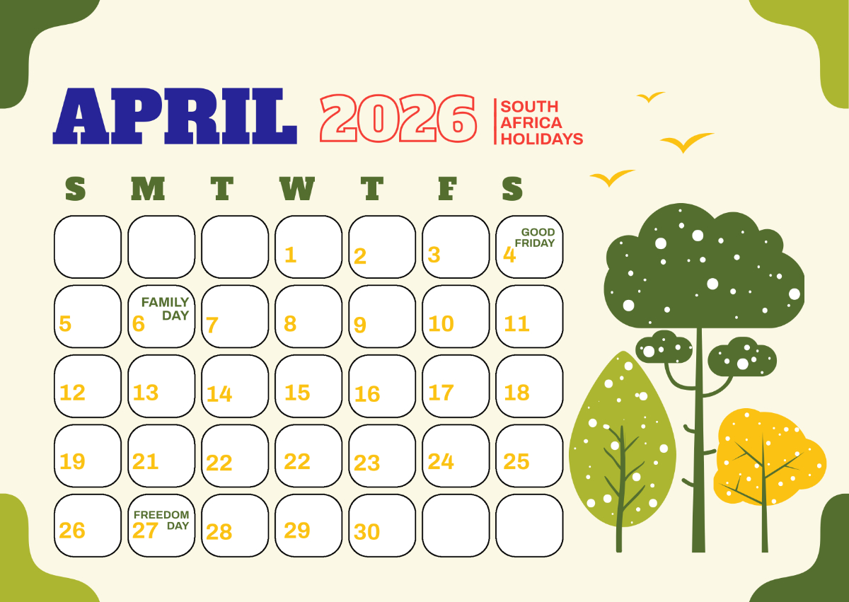 Free April 2026 South Africa Calendar Template To Edit Online in 2026 Calendar Printable South Africa