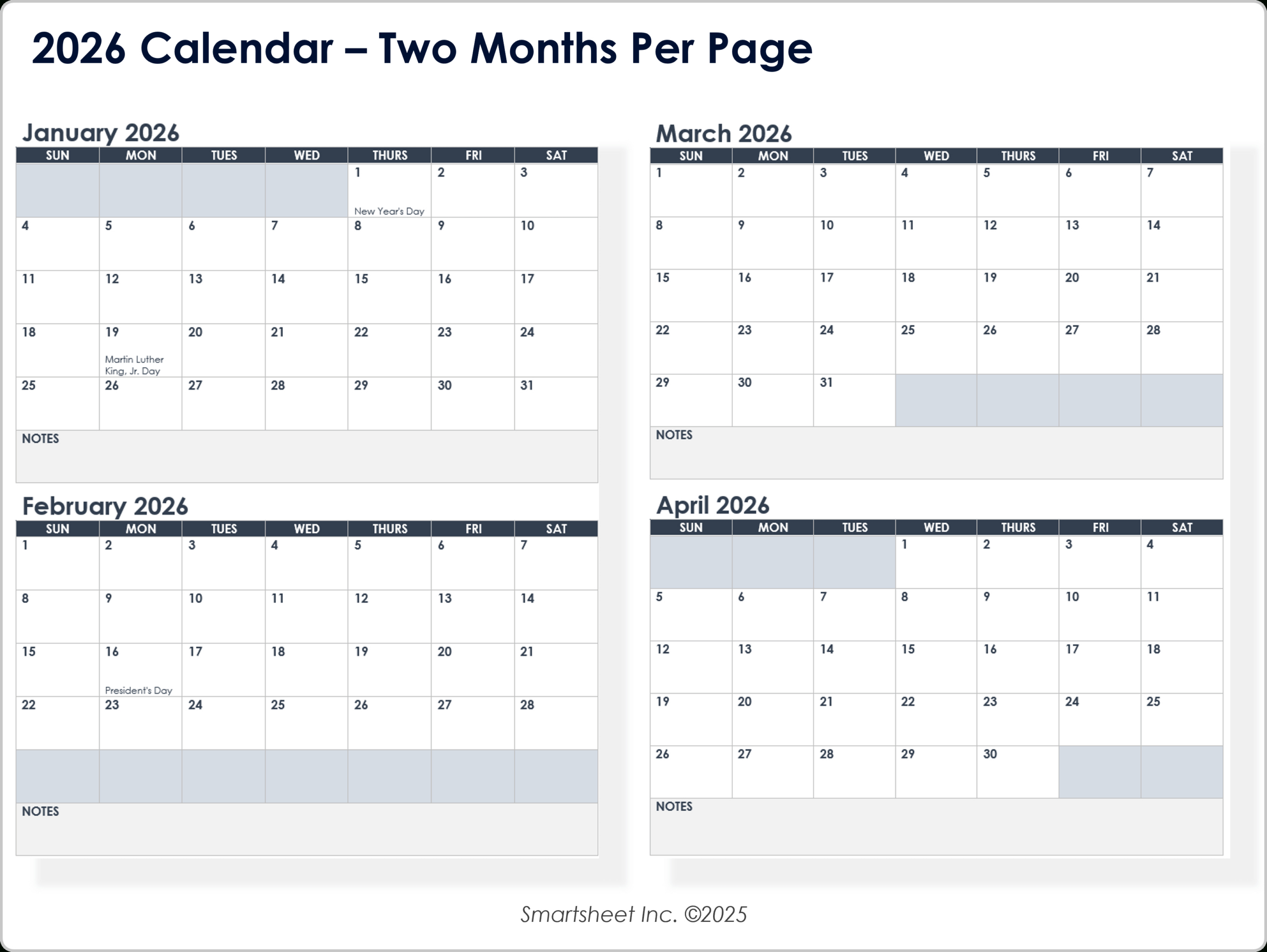 Free Blank Calendar Templates - Smartsheet for 2026 Calendar Printable 2 Months Per Page