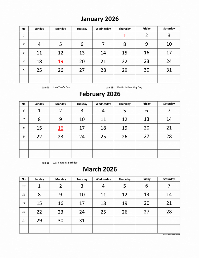 Free Download Printable Calendar 2026, 3 Months Per Page, 4 Pages intended for Free Monthly Calendar 2026 Printable By Month