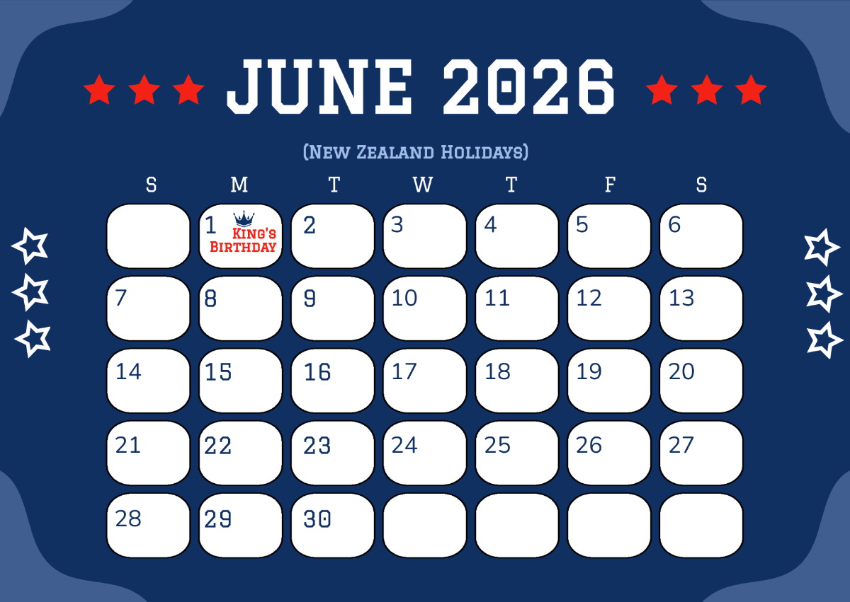 Free June 2026 New Zealand Calendar Template To Edit Online for 2026 Calendar Printable New Zealand