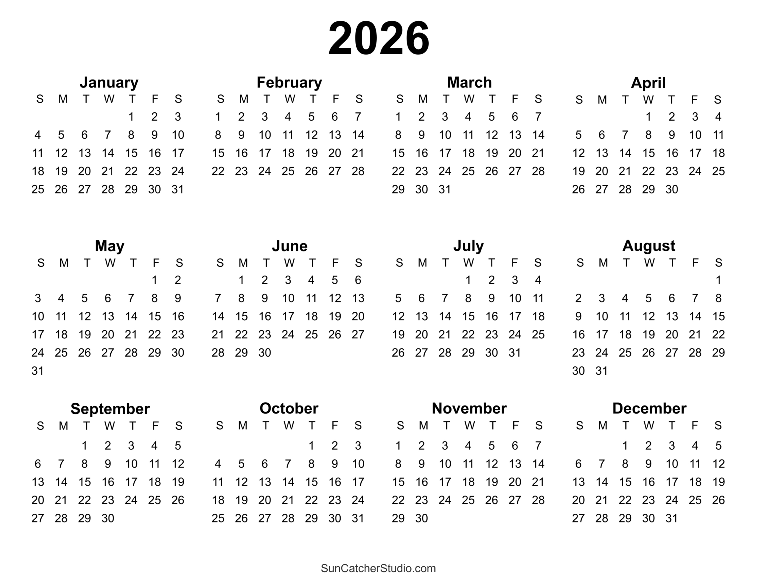 Free Printable 2026 Yearly Calendar – Free Printables, Lettering in Vertex Printable Calendar 2026