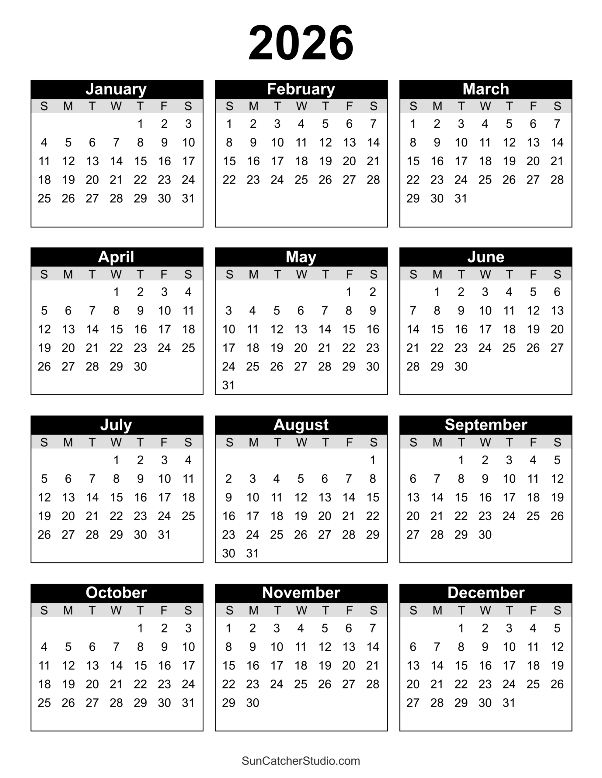 Free Printable 2026 Yearly Calendar – Free Printables, Lettering pertaining to 2026 Calendar Printable Portrait