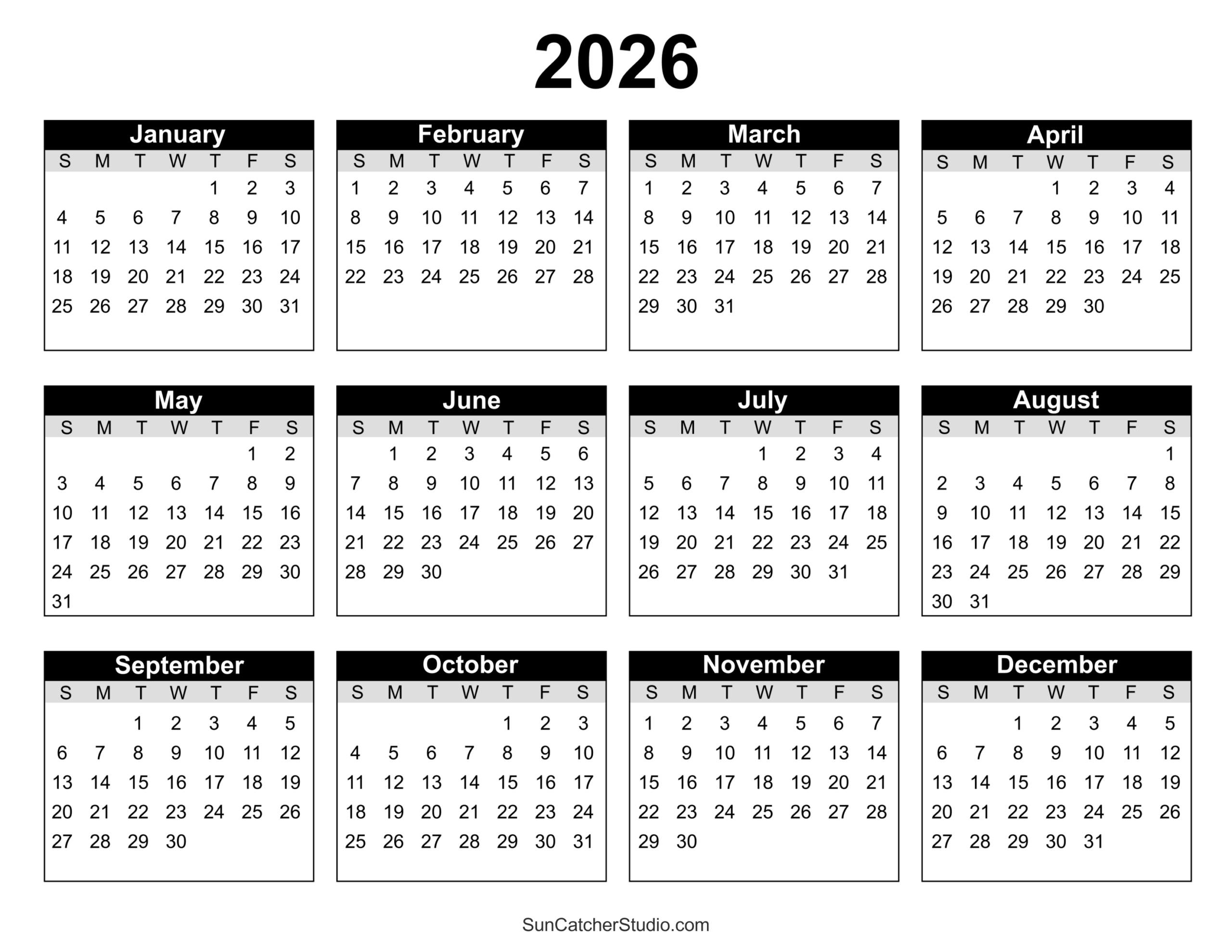 Free Printable 2026 Yearly Calendar – Free Printables, Lettering regarding 2026 Calendar Printable