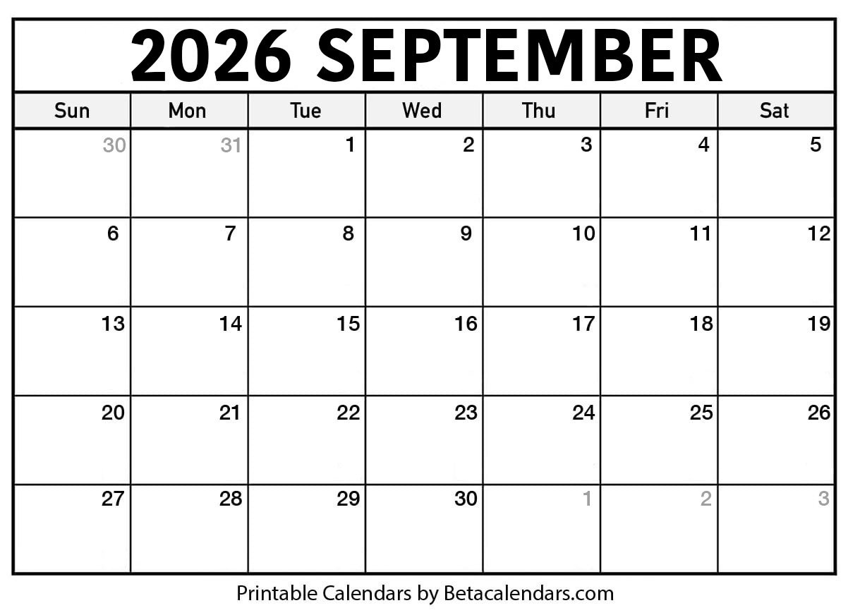 Free Printable September 2026 Calendar inside September 2026 Calendar Printable