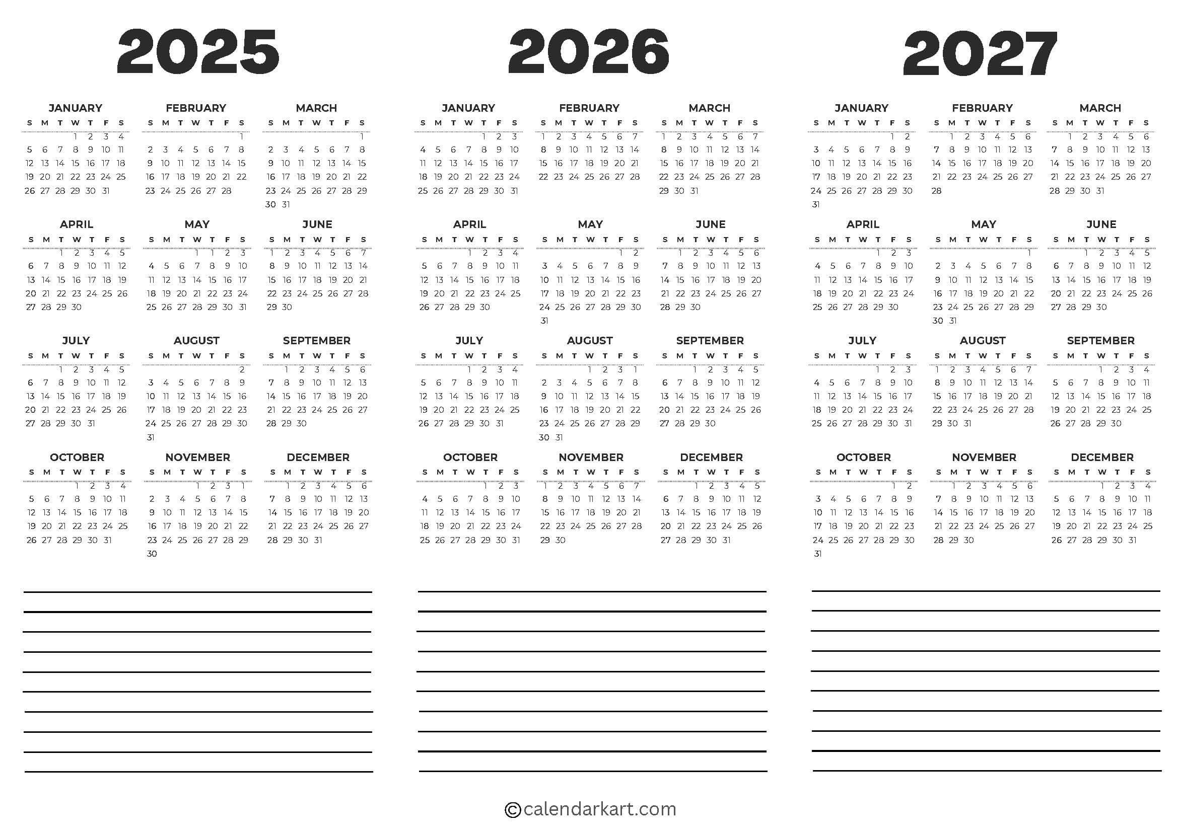 Free Printable Year At A Glance Calendar 2025 - Calendarkart pertaining to Printable 3 Year Calendar 2025 2026 2027