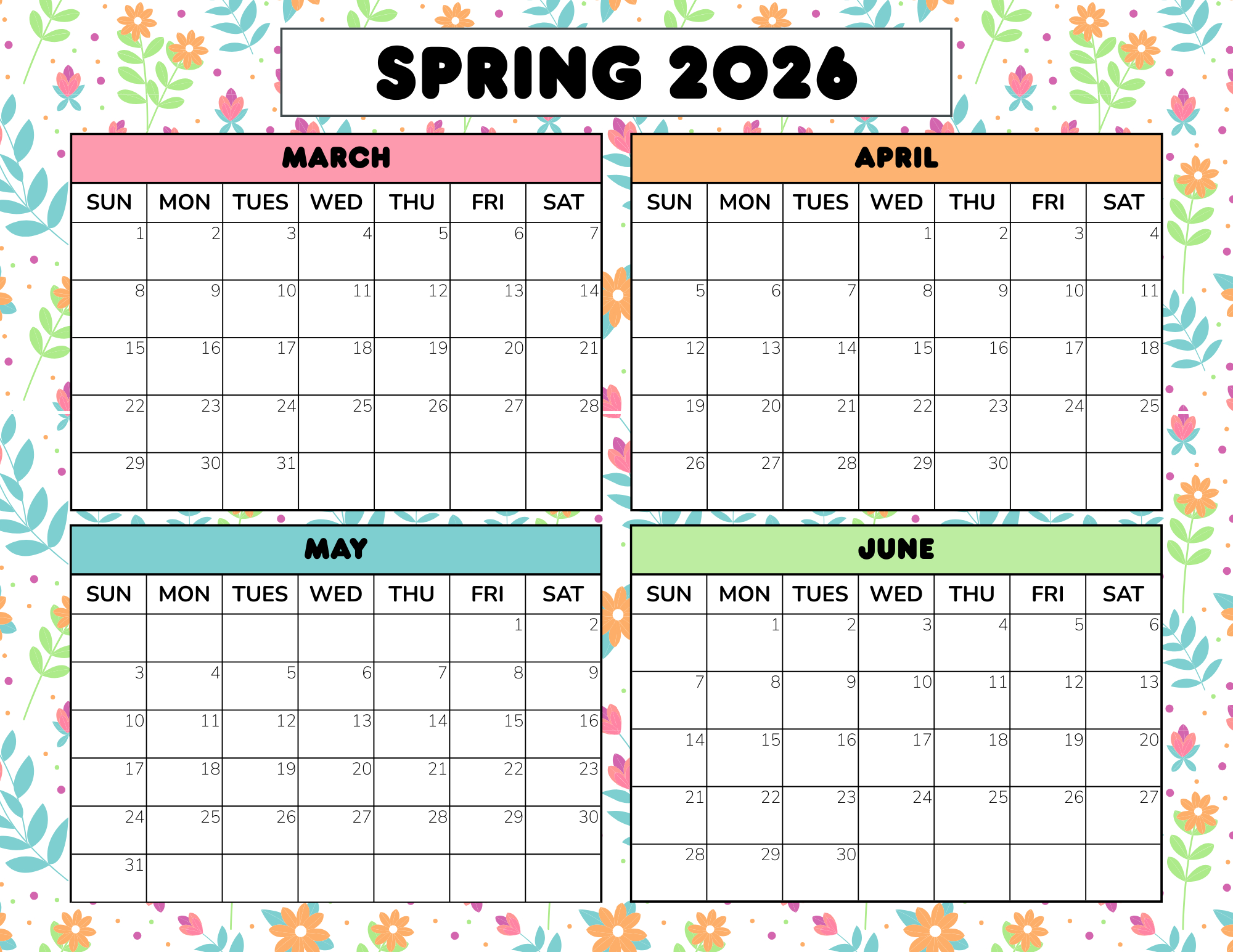 Free Spring Calendar Printable: 2026 & 2027 Pdf inside Spring Break 2026 Calendar Printable