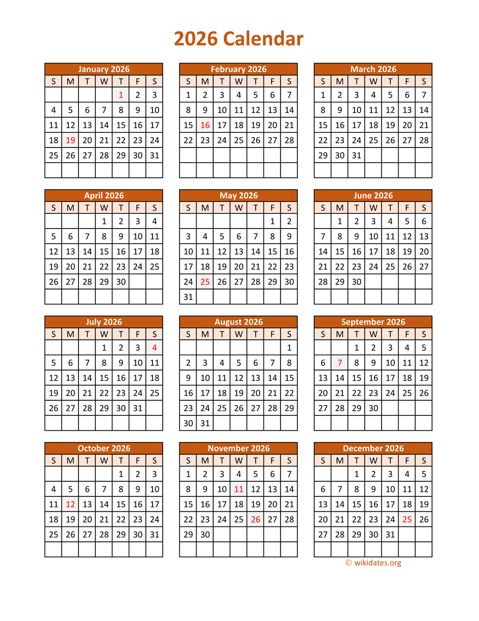 Full Year 2026 Calendar On One Page | Wikidates inside 2026 Calendar Printable Wiki