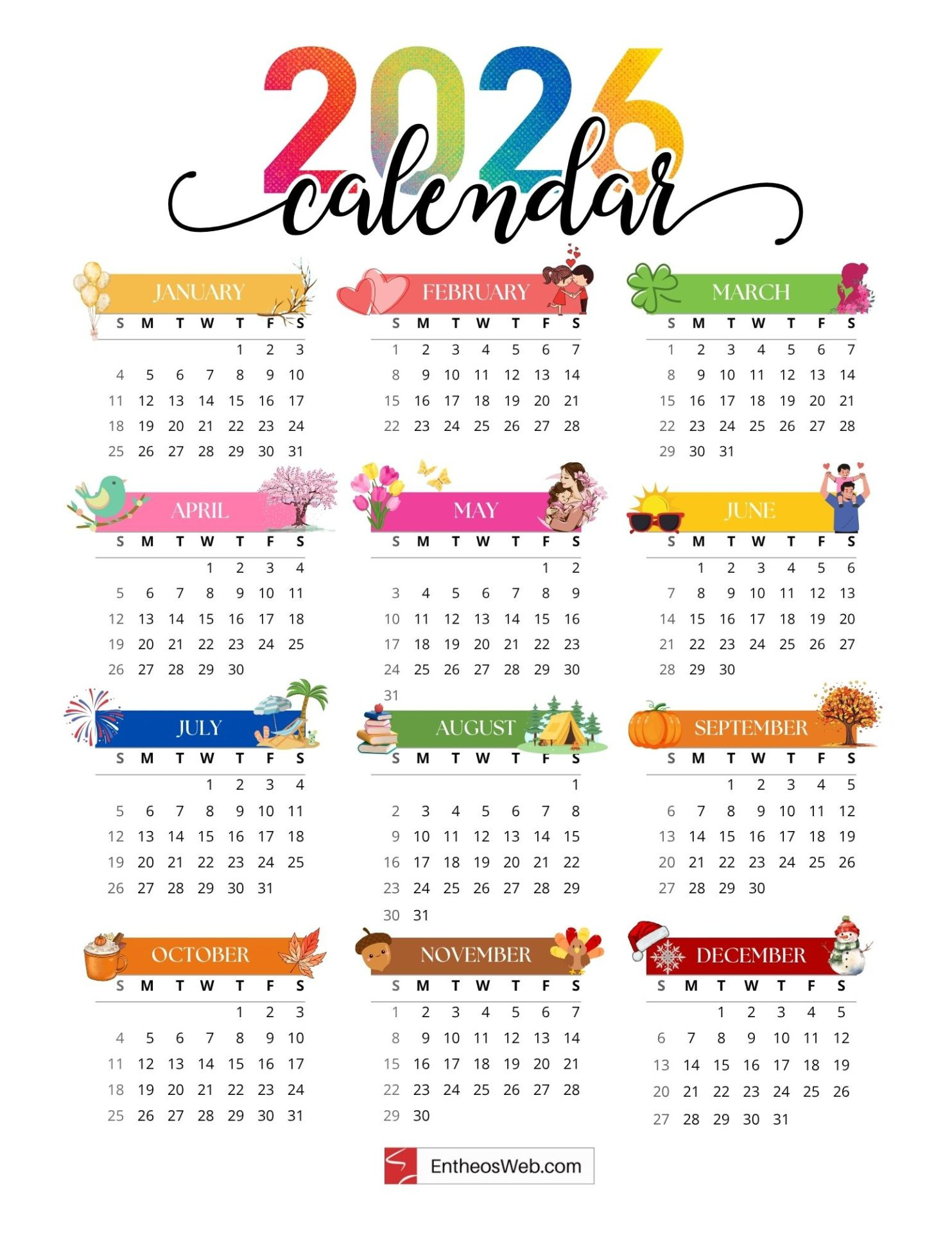 Full Year Printable 2026 Calendar – Free One Page Calendars inside 2026 Calendar Printable Free One Page