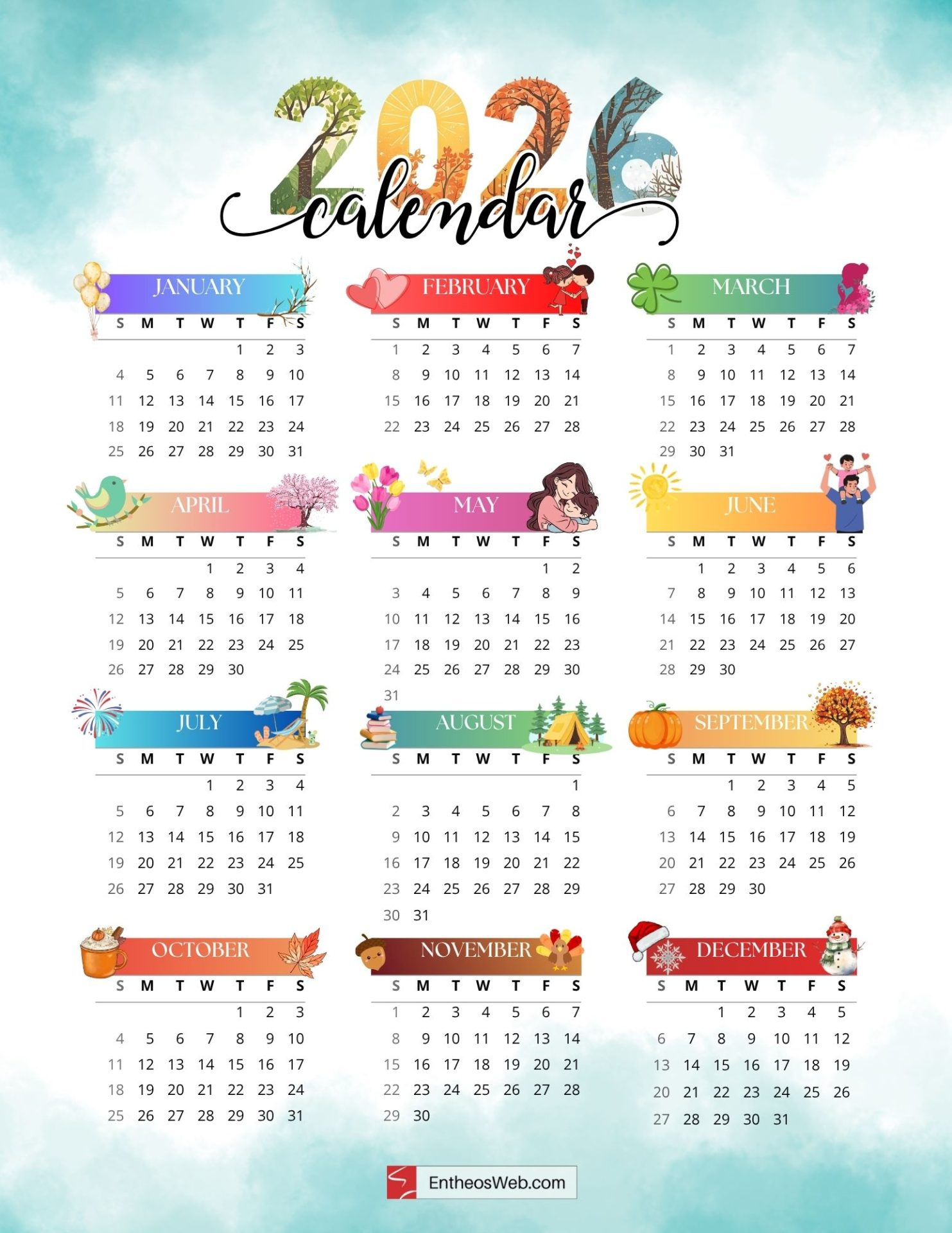 Full Year Printable 2026 Calendar – Free One Page Calendars pertaining to Calendar 2026 Printable Free One Page
