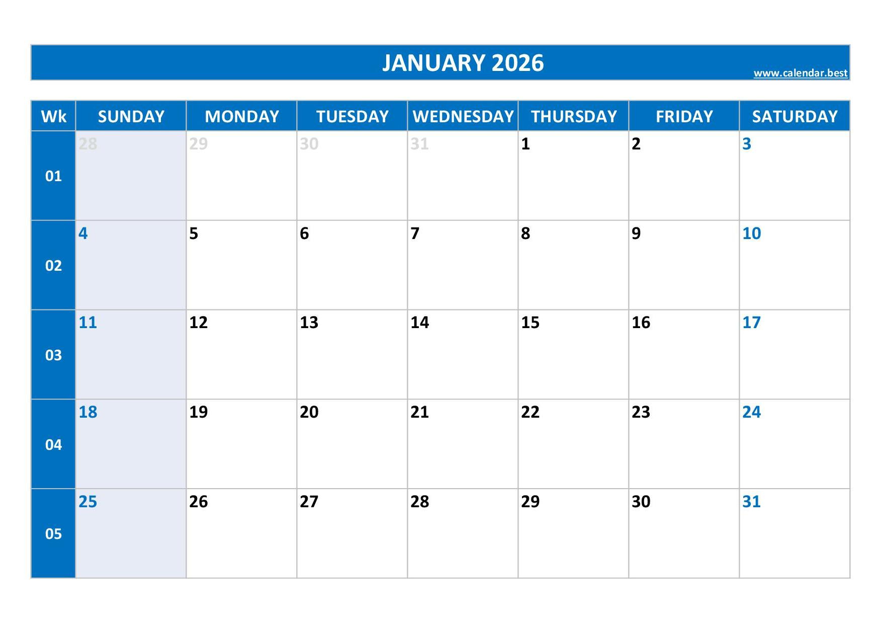 January 2026 Calendar -Calendar.best for Free Printable January 2026 Calendar Numbers