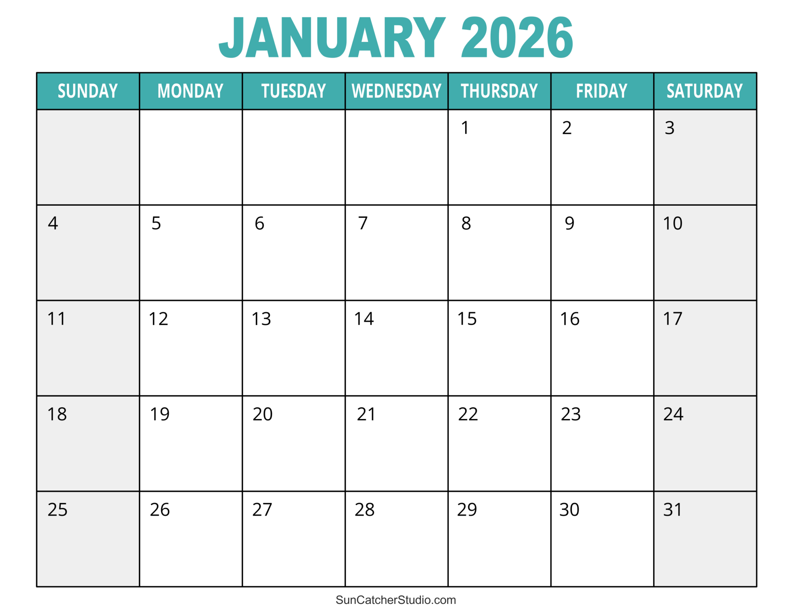 January 2026 Calendar (Free Printable) – Free Printables pertaining to 2026 Calendar Printable One Month Per Page