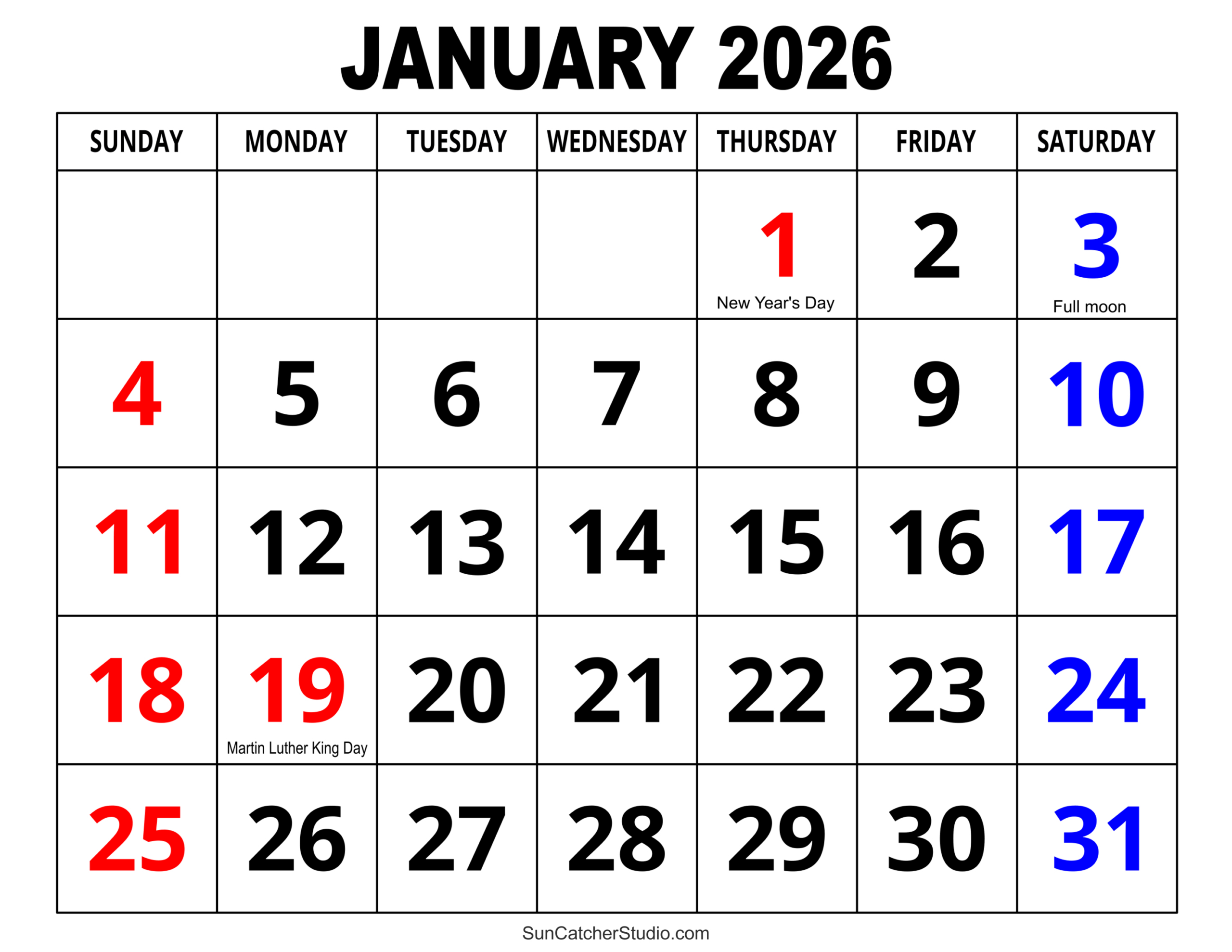 January 2026 Calendar (Free Printable) – Free Printables pertaining to Calendar For January 2026
