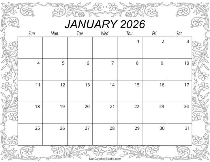 Free Printable Monthly Calendar January 2026
