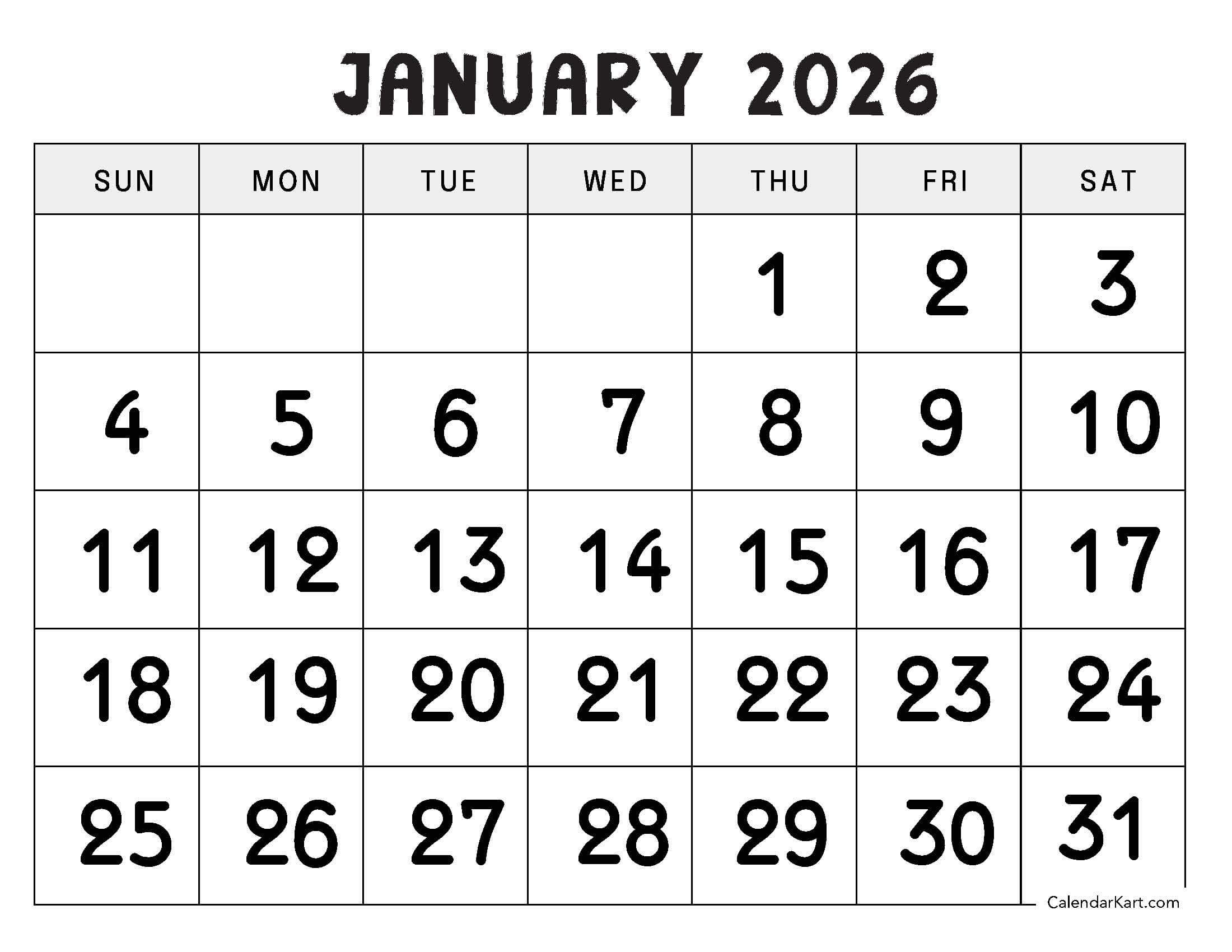 January 2026 Calendar | Free Printable Pdf - Calendarkart regarding Free Printable January 2026 Calendar Numbers