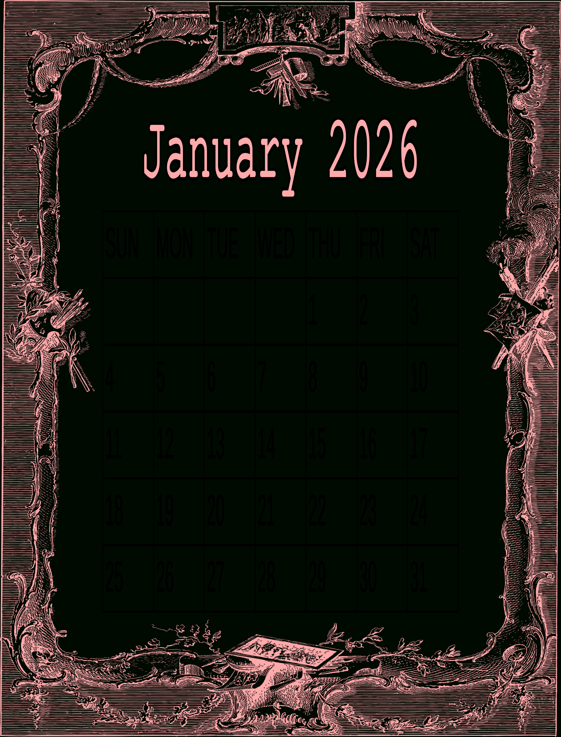 January 2026 Calendar – My Calendar Land for January 2026 Calendar Printable Pink