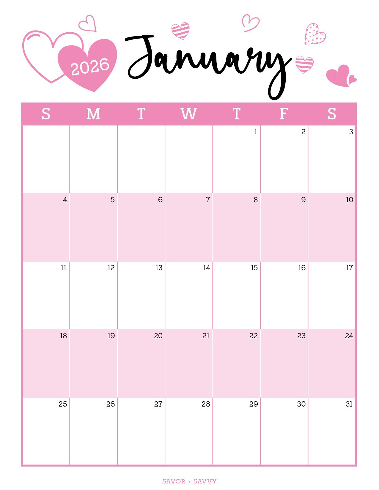 January 2026 Calendar Templates - 14 Free Printables - Savor + Savvy for January 2026 Calendar Printable Pink