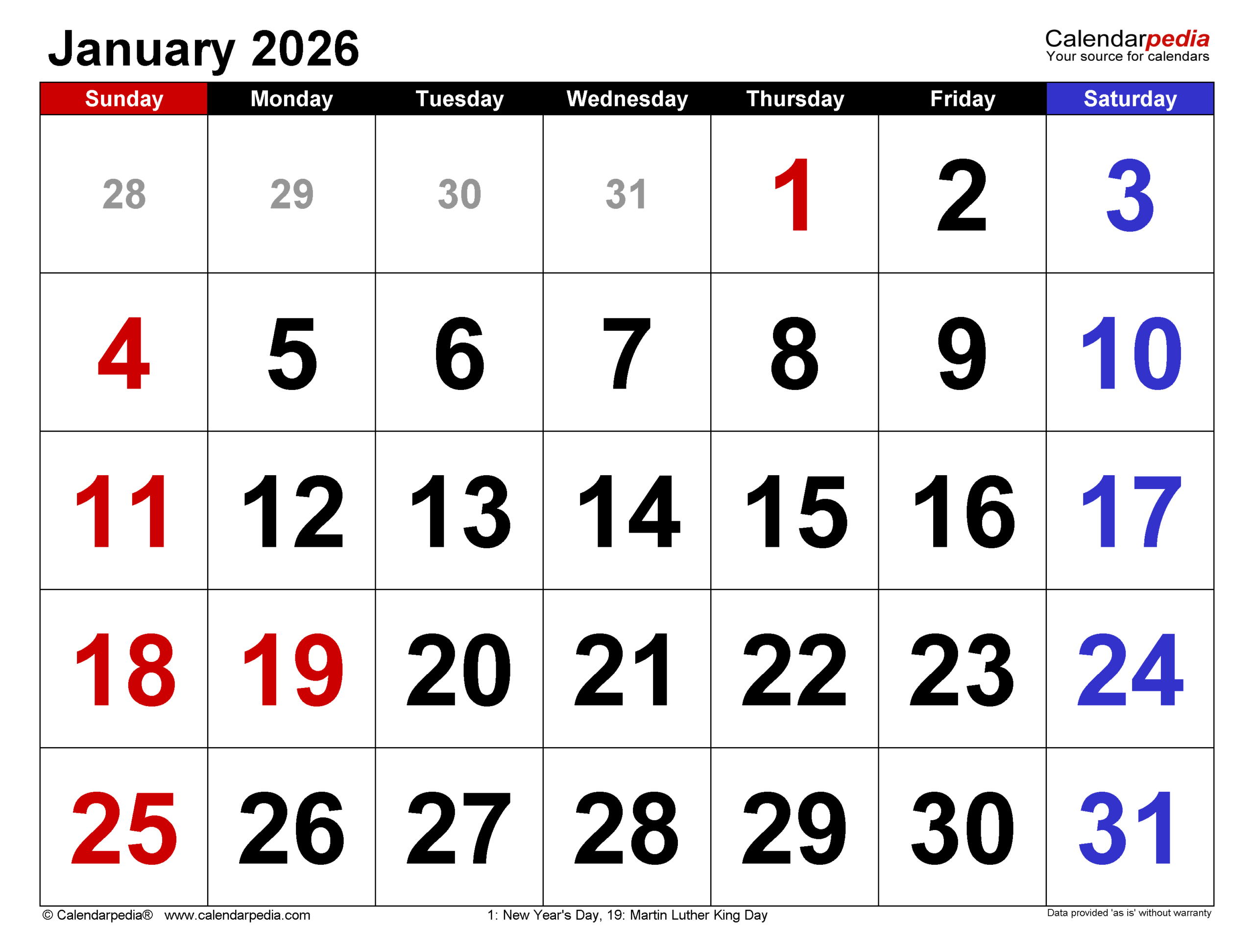 January 2026 Calendar | Templates For Pdf, Excel And Word intended for Calendar For January 2026 United States