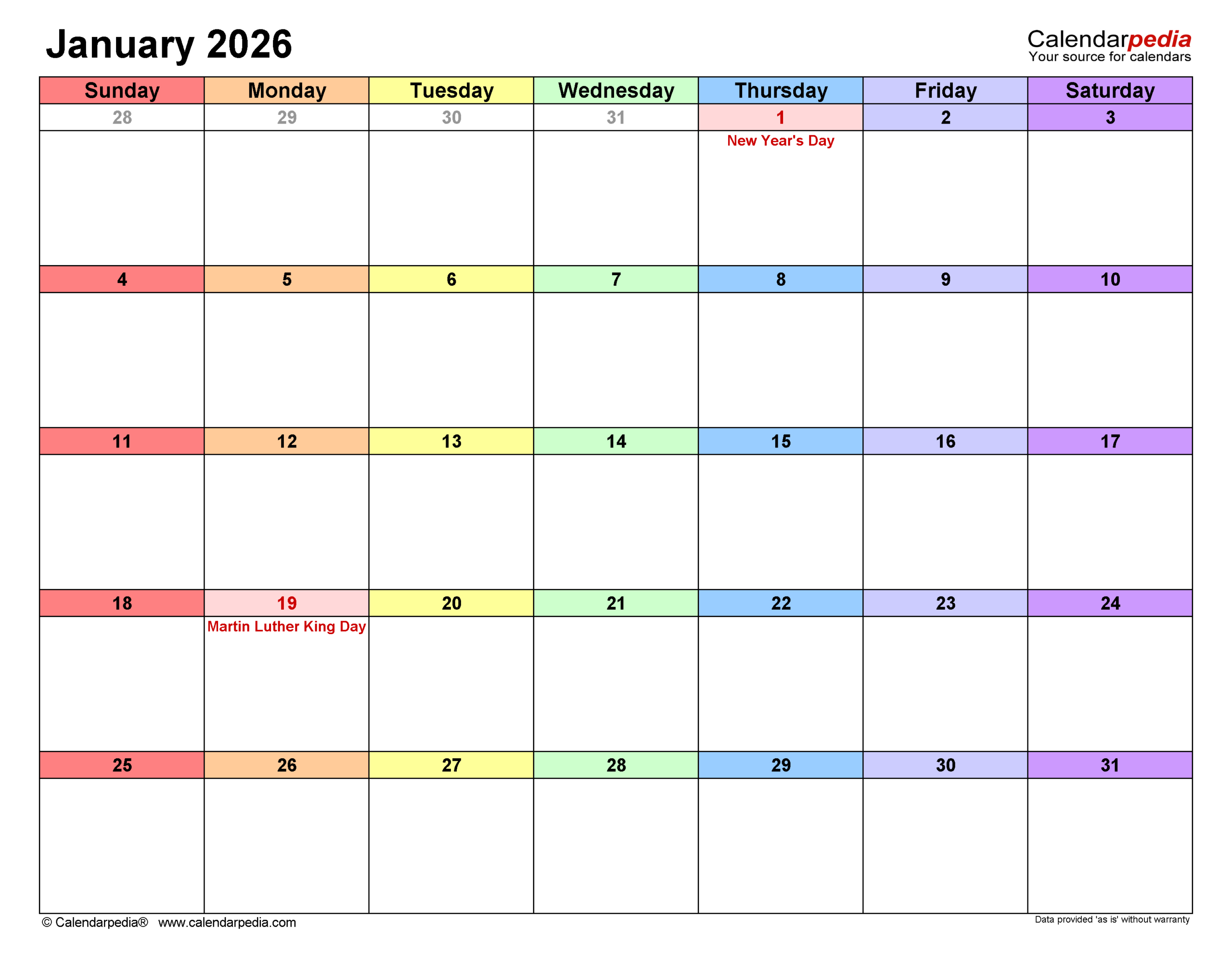 January 2026 Calendar | Templates For Pdf, Excel And Word with regard to Attendance Sheet January 2026