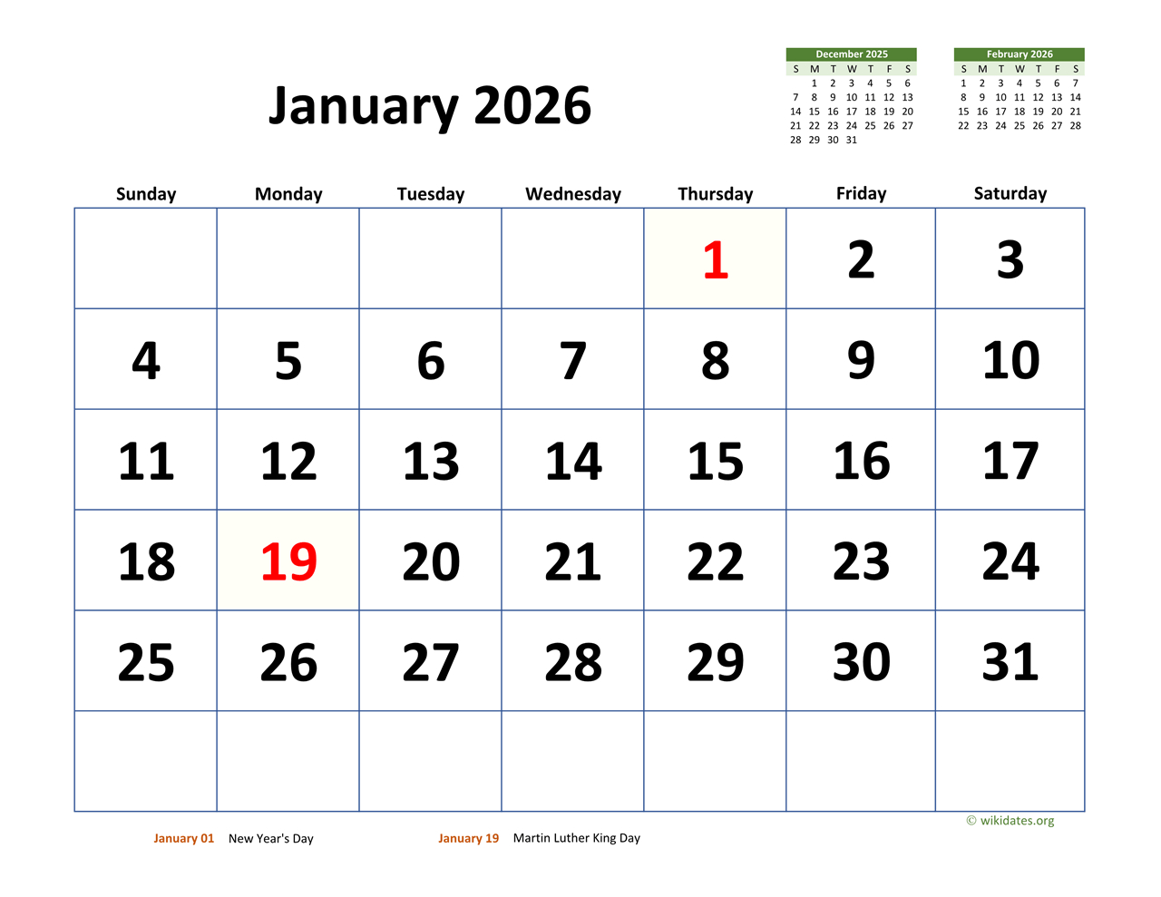 January 2026 Calendar With Extra-Large Dates | Wikidates with regard to January 2026 Calendar Printable Wiki