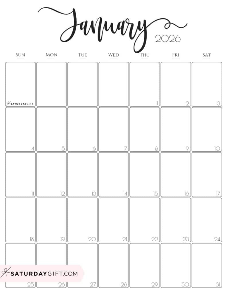 January 2026 Calendars - 23 Cute Free Printable Pdfssaturdaygift for January 2026 Calendar Vertical Printable